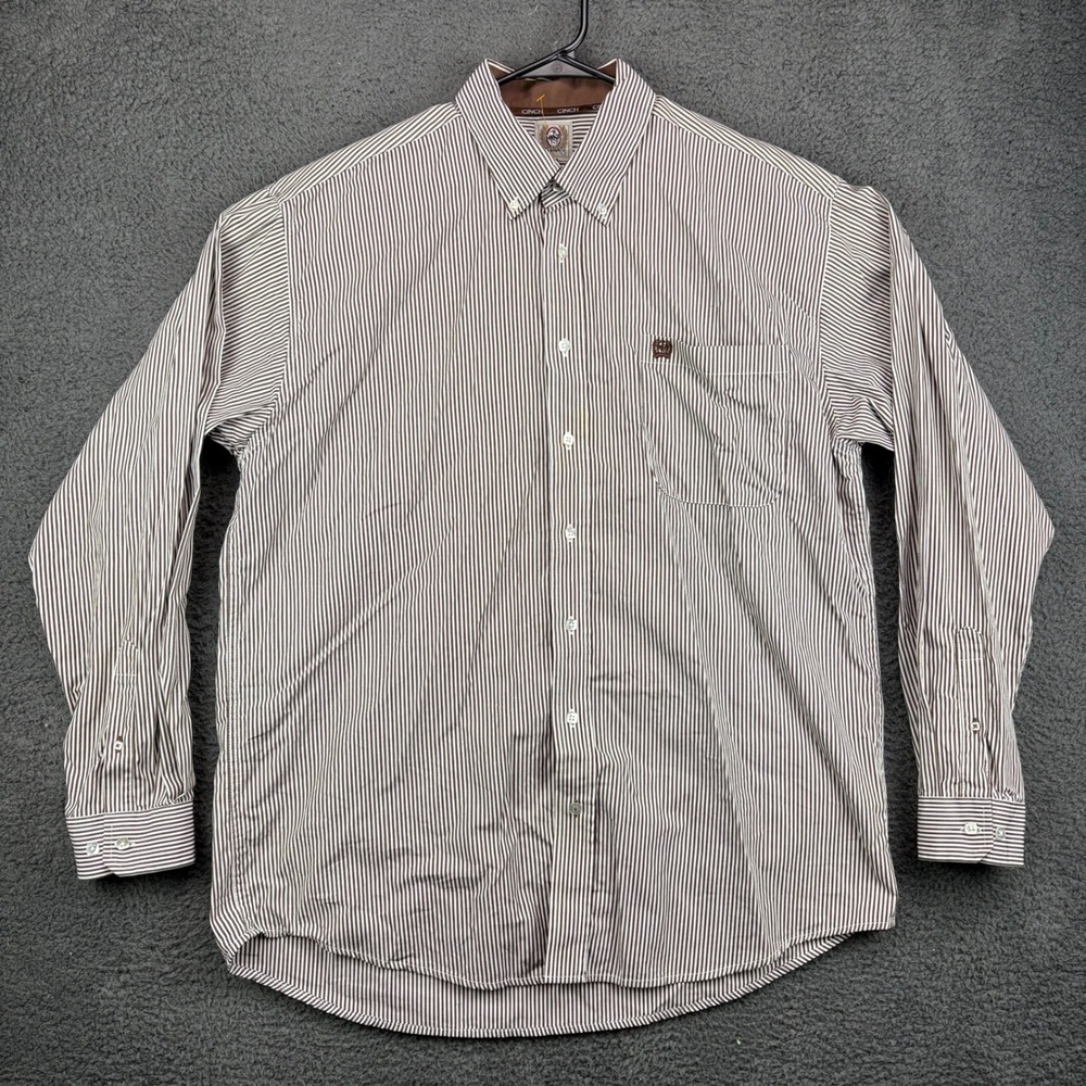 CINCH Mens Large Button Down Long Sleeve Striped Casual Shirt Brown White L